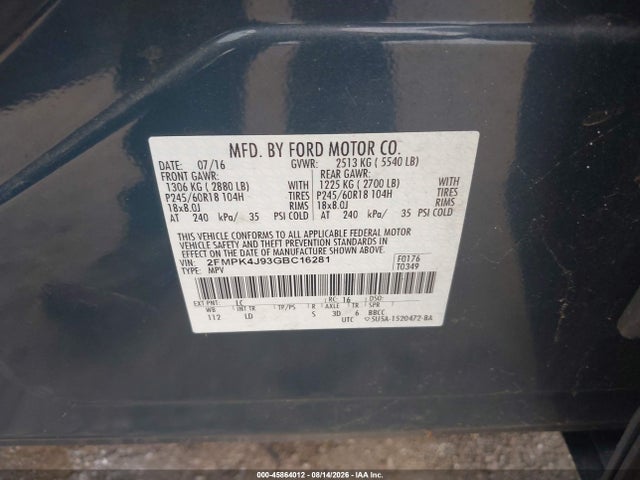 Ford EDGE SEL 2016 2FMPK4J93GBC16281 Image 9