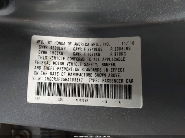 Продажа на аукционе авто 2017 Honda Accord Lx, vin: 1HGCR2F35HA103647, номер лота: 45864017