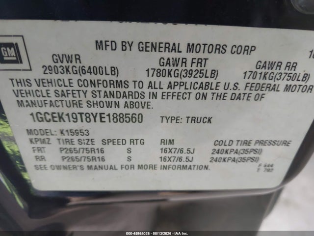 Продаж на аукціоні авто 2000 Chevrolet Silverado 1500 Ls, vin: 1GCEK19T8YE188560, номер лоту: 45864026