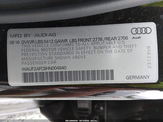 Aukcja sprzedaży 2017 Audi A6 Premium Plus, vin: WAUF2AFC8HN004840, numer aukcji: 45864045