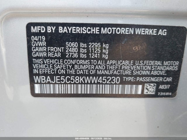 Aukcja sprzedaży 2019 Bmw 540i, vin: WBAJE5C58KWW45230, numer aukcji: 45864056