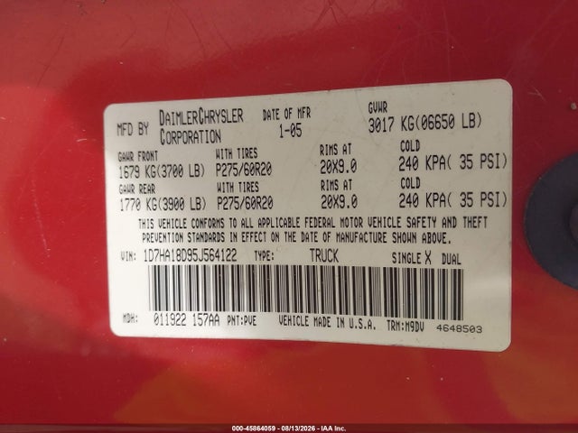 Продаж на аукціоні авто 2005 Dodge Ram 1500 Slt/laramie, vin: 1D7HA18D95J564122, номер лоту: 45864059