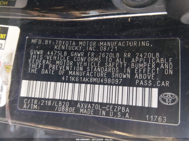 Продажа на аукционе авто 2021 Toyota Camry Xse, vin: 4T1K61AK8MU498097, номер лота: 45864067