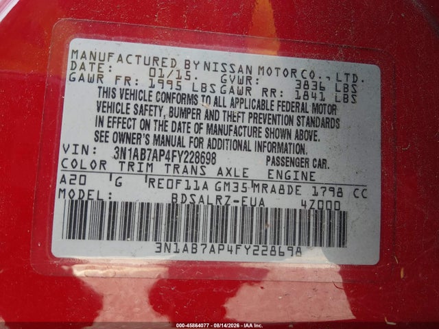 Продаж на аукціоні авто 2015 Nissan Sentra Sr, vin: 3N1AB7AP4FY228698, номер лоту: 45864077