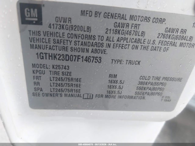 Aukcja sprzedaży 2007 Gmc Sierra 2500hd Classic Slt, vin: 1GTHK23D07F146753, numer aukcji: 45864078