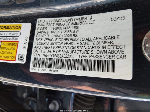 2025 Honda Accord Se მანქანა იყიდება აუქციონზე, vin: 1HGCY1F46SA022055, აუქციონის ნომერი: 45864082