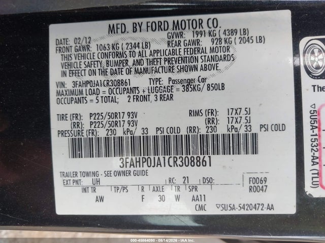 Продажа на аукционе авто 2012 Ford Fusion Sel, vin: 3FAHP0JA1CR308861, номер лота: 45864090