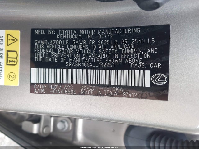 Продажа на аукционе авто 2018 Lexus Es 350, vin: 58ABK1GGXJU112251, номер лота: 45864093