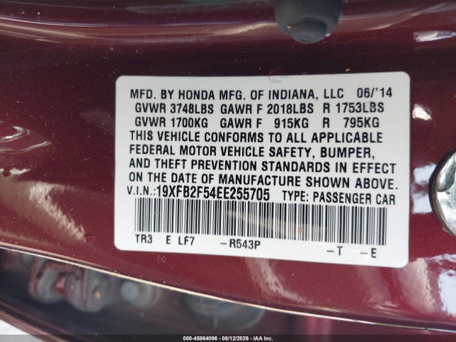 45864096 :رقم المزاد ، 19XFB2F54EE255705 vin ، 2014 Honda Civic Lx مزاد بيع