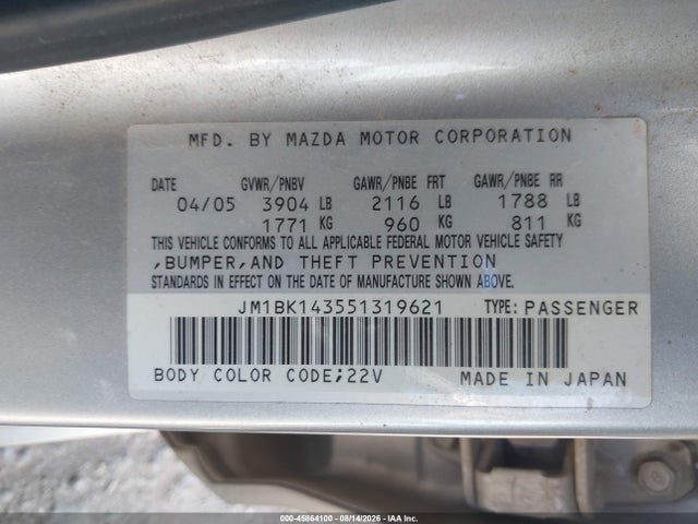 2005 Mazda Mazda3 S მანქანა იყიდება აუქციონზე, vin: JM1BK143551319621, აუქციონის ნომერი: 45864100
