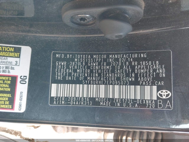45864105 :رقم المزاد ، 5YFBURHE7EP095073 vin ، 2014 Toyota Corolla Le مزاد بيع