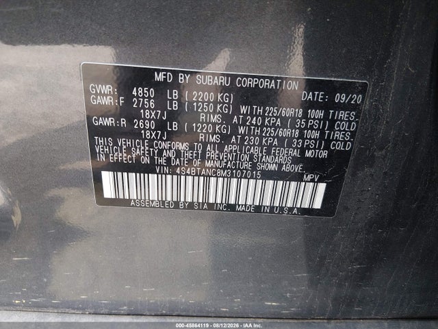 Продаж на аукціоні авто 2021 Subaru Outback Limited, vin: 4S4BTANC8M3107015, номер лоту: 45864119