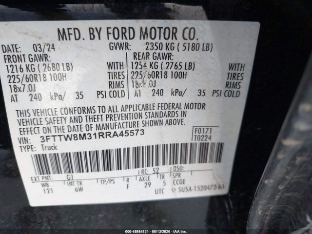 Продаж на аукціоні авто 2024 Ford Maverick Lariat, vin: 3FTTW8M31RRA45573, номер лоту: 45864121
