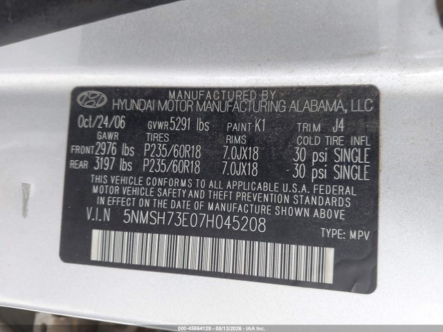 Aukcja sprzedaży 2007 Hyundai Santa Fe Limited/se, vin: 5NMSH73E07H045208, numer aukcji: 45864128