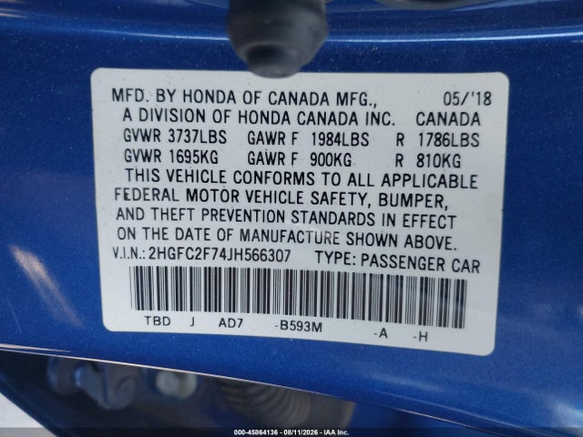Honda CIVIC EX 2018 2HGFC2F74JH566307 Image 9