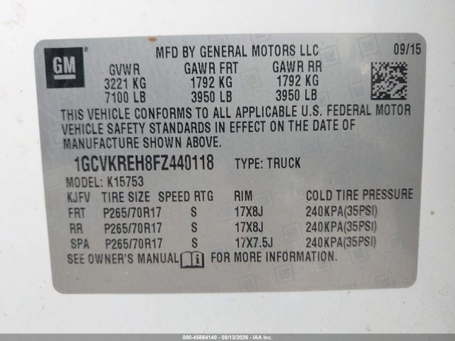 Aukcja sprzedaży 2015 Chevrolet Silverado 1500 Lt, vin: 1GCVKREH8FZ440118, numer aukcji: 45864140