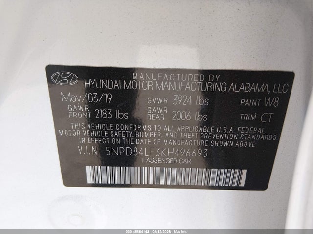 2019 Hyundai Elantra Limited მანქანა იყიდება აუქციონზე, vin: 5NPD84LF3KH496693, აუქციონის ნომერი: 45864143