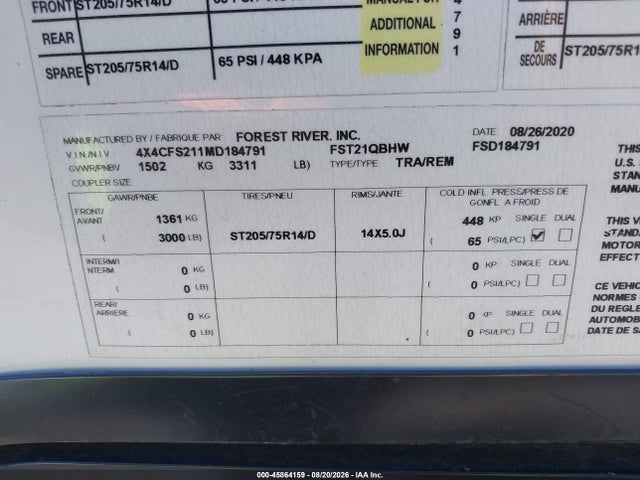 Aukcja sprzedaży 2020 Forest River Other, vin: 4X4CFS211MD184791, numer aukcji: 45864159