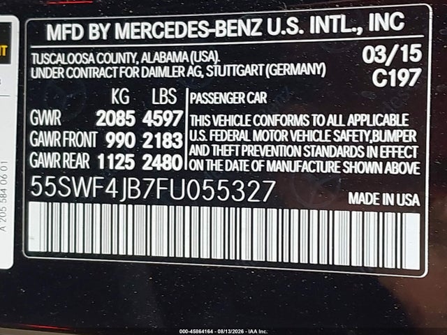 Aukcja sprzedaży 2015 Mercedes-benz C 300 Sport, vin: 55SWF4JB7FU055327, numer aukcji: 45864164