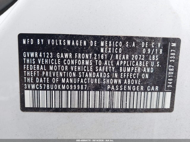 2019 Volkswagen Jetta 1.4t R-line/1.4t S/1.4t Se მანქანა იყიდება აუქციონზე, vin: 3VWC57BU0KM099987, აუქციონის ნომერი: 45864170