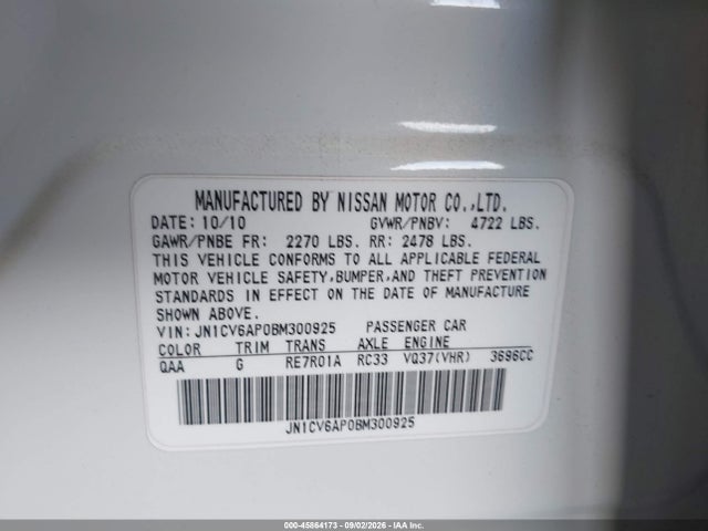 Aukcja sprzedaży 2011 Infiniti G37 Sport, vin: JN1CV6AP0BM300925, numer aukcji: 45864173