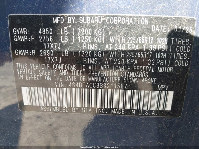 Продажа на аукционе авто 2025 Subaru Outback Premium, vin: 4S4BTACC8S3211567, номер лота: 45864178
