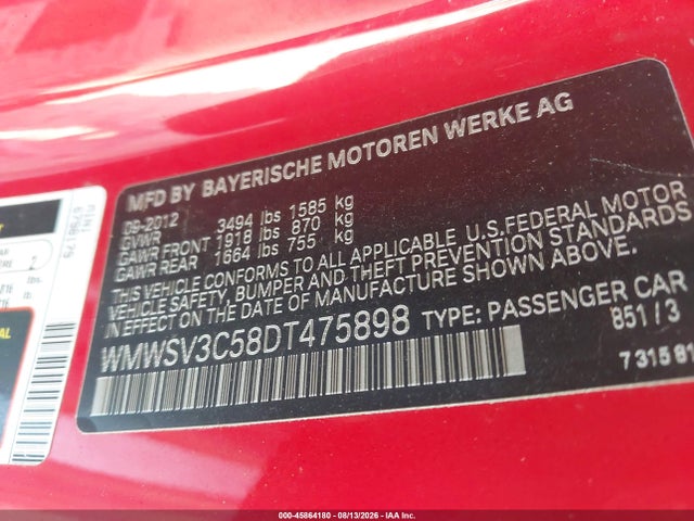 45864180 :رقم المزاد ، WMWSV3C58DT475898 vin ، 2013 Mini Hardtop Cooper S مزاد بيع