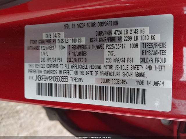 Aukcja sprzedaży 2022 Mazda Cx-5 2.5 S, vin: JM3KFBAM2N0600666, numer aukcji: 45864184