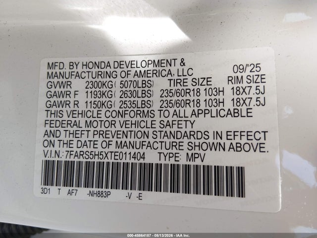 2026 Honda Cr-v Hybrid 2wd Sport მანქანა იყიდება აუქციონზე, vin: 7FARS5H5XTE011404, აუქციონის ნომერი: 45864187