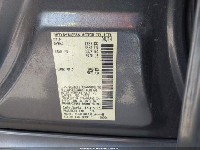 Aukcja sprzedaży 2015 Nissan Altima 3.5 Sl, vin: 1N4BL3AP6FC158515, numer aukcji: 45864191
