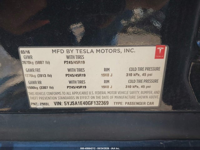 45864212 :رقم المزاد ، 5YJSA1E40GF132369 vin ، 2016 Tesla Model S 90d/p100d/p85d/p90d مزاد بيع