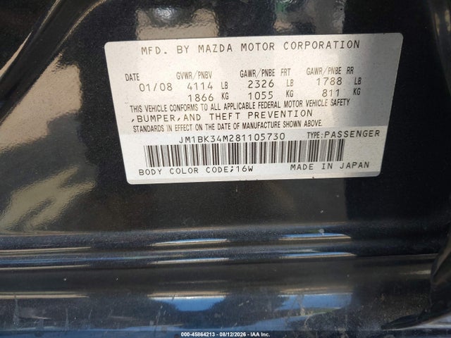 Продажа на аукционе авто 2008 Mazda Mazdaspeed3 Sport, vin: JM1BK34M281105730, номер лота: 45864213