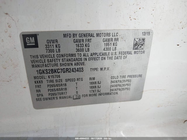 GMC YUKON SLT 2016 1GKS2BKC7GR243403 Image 9