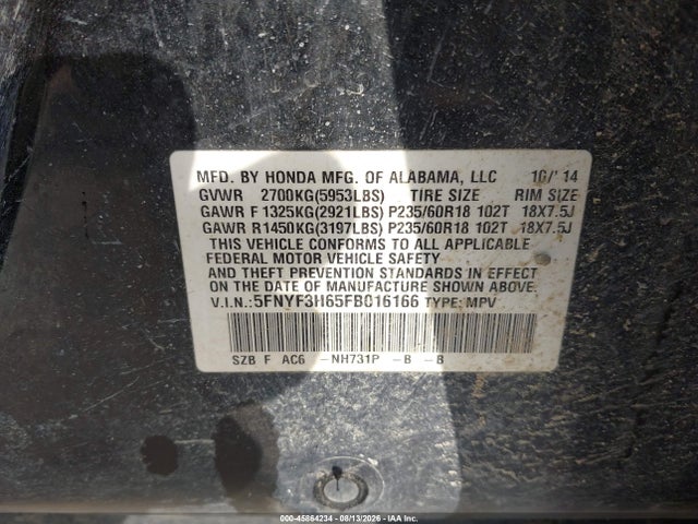 Продаж на аукціоні авто 2015 Honda Pilot Ex-l, vin: 5FNYF3H65FB016166, номер лоту: 45864234