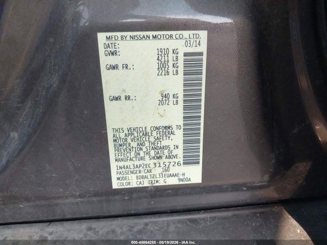 Продажа на аукционе авто 2014 Nissan Altima 2.5 Sv, vin: 1N4AL3AP2EC315726, номер лота: 45864255