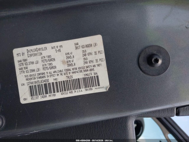 2005 Dodge Ram 1500 Slt/laramie მანქანა იყიდება აუქციონზე, vin: 1D7HA18N55J634692, აუქციონის ნომერი: 45864269
