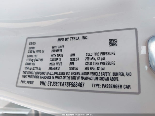 Aukcja sprzedaży 2025 Tesla Model 3 Long Range Rear-wheel Drive/standard Rear-wheel Drive, vin: 5YJ3E1EA7SF988467, numer aukcji: 45864279