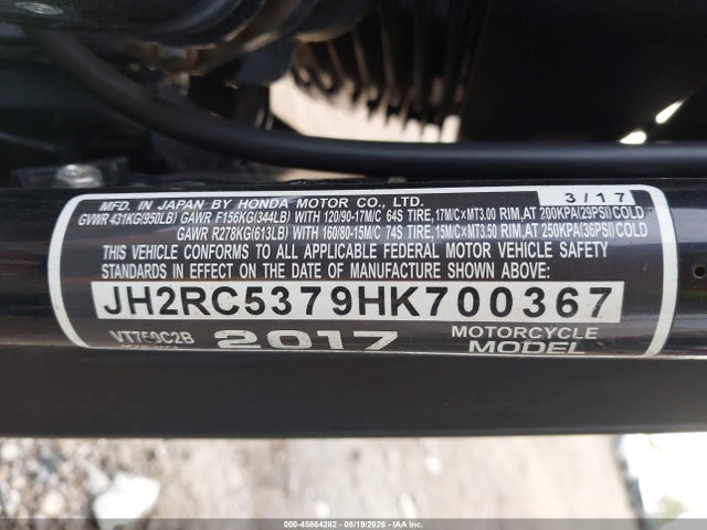 2017 Honda Vt750 C2b მანქანა იყიდება აუქციონზე, vin: JH2RC5379HK700367, აუქციონის ნომერი: 45864282