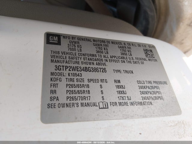 45864290 :رقم المزاد ، 3GTP2WE34BG386726 vin ، 2011 Gmc Sierra 1500 Slt مزاد بيع