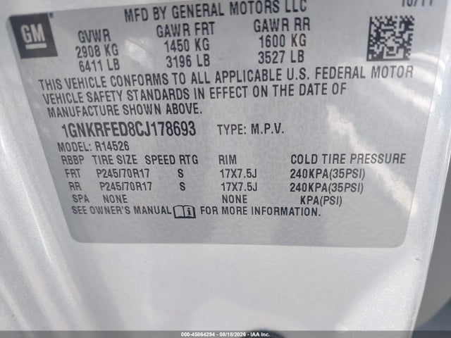 Aukcja sprzedaży 2012 Chevrolet Traverse Ls, vin: 1GNKRFED8CJ178693, numer aukcji: 45864294