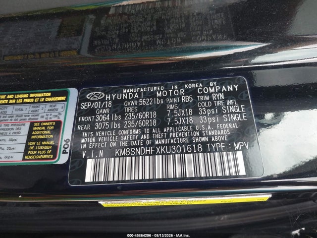 2019 Hyundai Santa Fe Xl Se მანქანა იყიდება აუქციონზე, vin: KM8SNDHFXKU301618, აუქციონის ნომერი: 45864296
