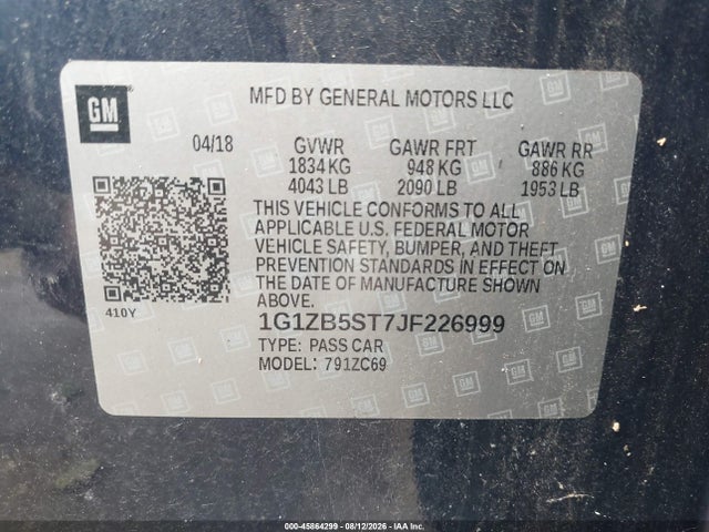 45864299 :رقم المزاد ، 1G1ZB5ST7JF226999 vin ، 2018 Chevrolet Malibu 1ls مزاد بيع