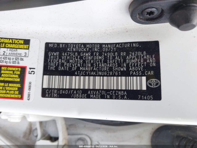 Aukcja sprzedaży 2022 Toyota Camry Le, vin: 4T1C11AK3NU628761, numer aukcji: 45864310