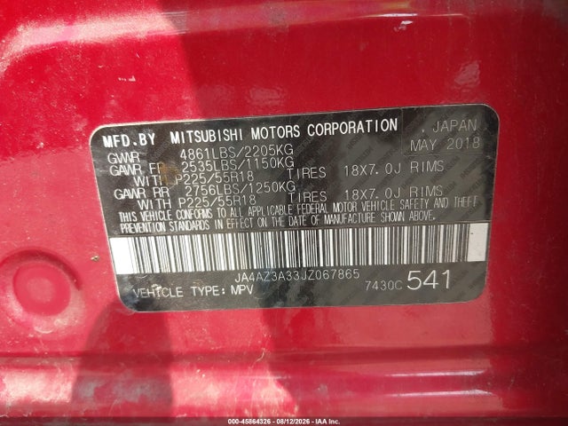 Продажа на аукционе авто 2018 Mitsubishi Outlander Es/le/se/sel, vin: JA4AZ3A33JZ067865, номер лота: 45864326