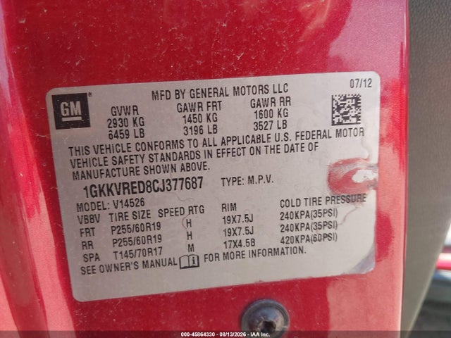 Aukcja sprzedaży 2012 Gmc Acadia Slt-1, vin: 1GKKVRED8CJ377687, numer aukcji: 45864330