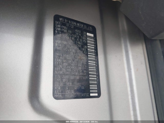 45864335 :رقم المزاد ، JN8BT3DC8NW117937 vin ، 2022 Nissan Rogue Platinum Fwd مزاد بيع