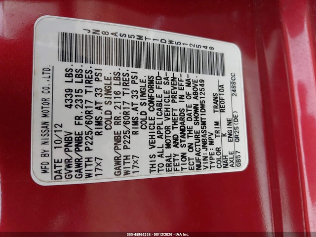 Aukcja sprzedaży 2013 Nissan Rogue Sv, vin: JN8AS5MT1DW512549, numer aukcji: 45864338