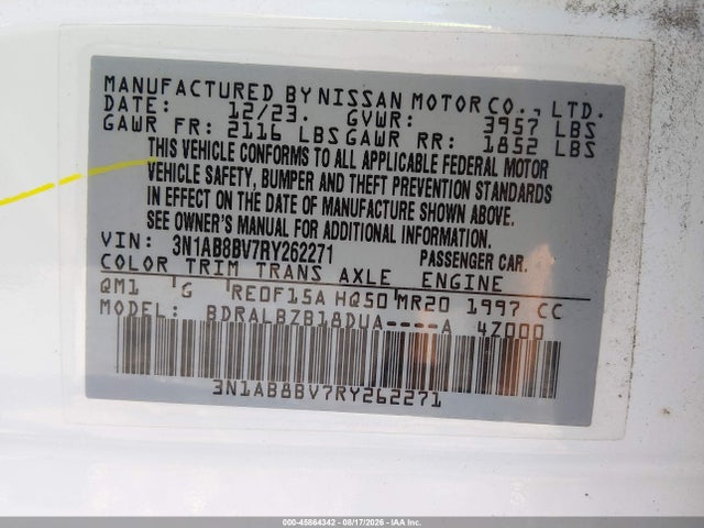 2024 Nissan Sentra S Xtronic Cvt მანქანა იყიდება აუქციონზე, vin: 3N1AB8BV7RY262271, აუქციონის ნომერი: 45864342