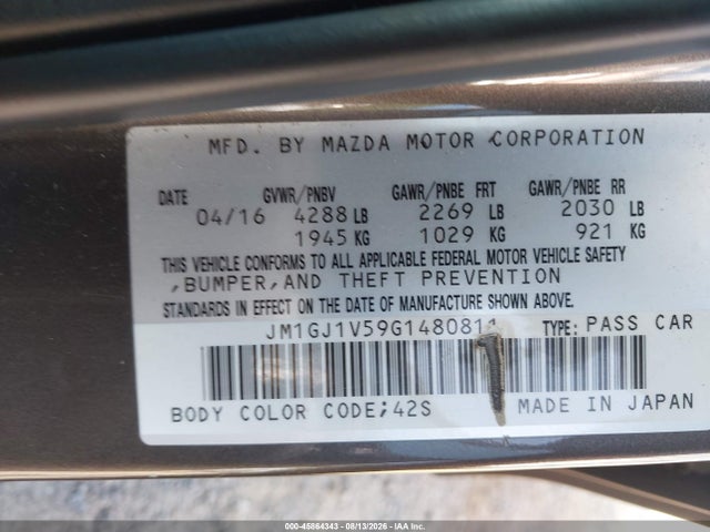 Продажа на аукционе авто 2016 Mazda Mazda6, vin: JM1GJ1V59G1480811, номер лота: 45864343