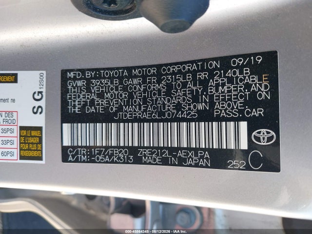 45864345 :رقم المزاد ، JTDEPRAE6LJ074425 vin ، 2020 Toyota Corolla Le مزاد بيع